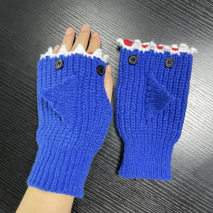 New Cartoon Grey Shark Warm Half Finger Knitted Gloves - Here2Save