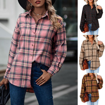 Women's New Casual Loose Boyfriend Plaid Shirt