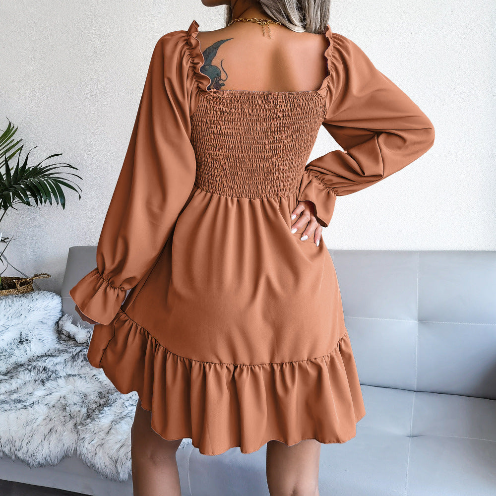 Vestidos acampanados de manga larga Vestido con vuelo y volantes con cuello cuadrado para mujer