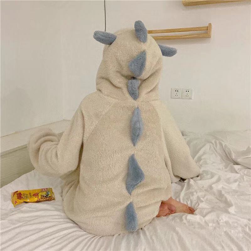 Autumn And Winter Coral Fleece Nightdress Female Cute Cartoon Dinosaur Nightgown Female