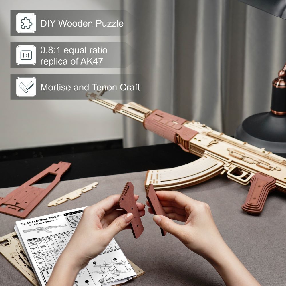 Robotime Rokr Automatic Rifle AK-47 3D Wooden Assembly Gun Double Firing Modes Funny DIY Toys For Kids Adults Justice Guar LQ901 - Here2Save