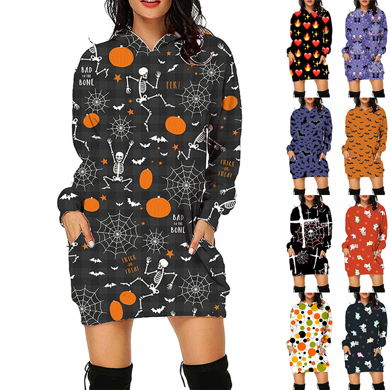 Halloween Print Long Hoodie With Pockets Sweater Long Sleeve Clothes Women - Here2Save