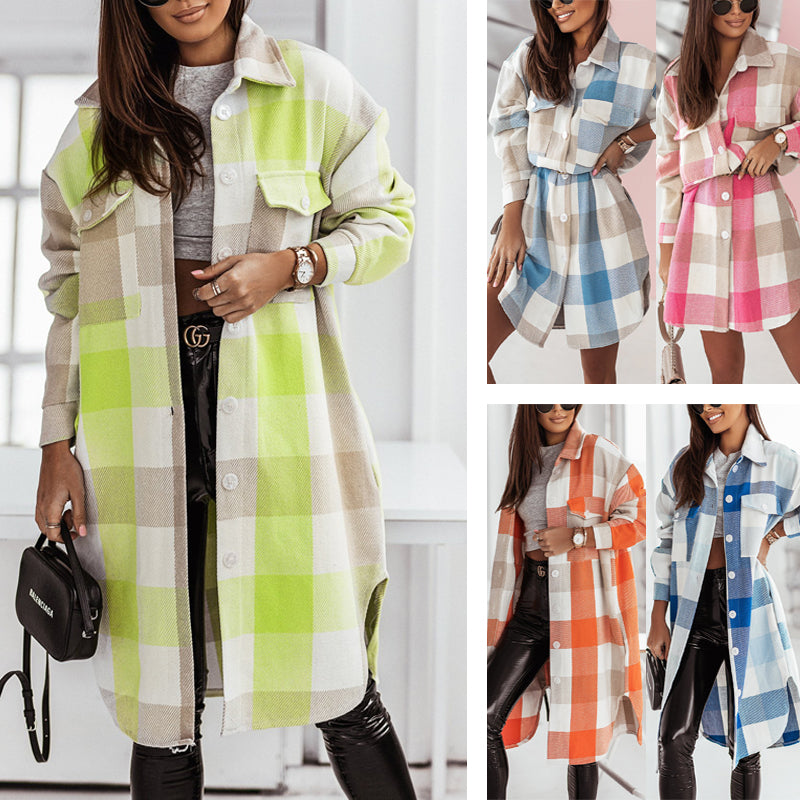 Women's Fashion Long Sleeve Color Plaid Brushed Woolen Long Coat