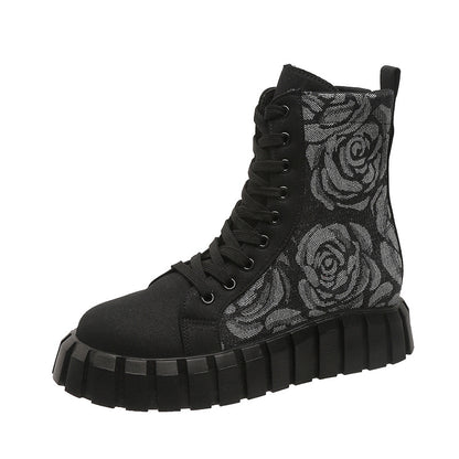 Botas de tobillo para mujer con patrón de rosas florales, zapatos de plataforma con punta redonda, botas casuales con cordones, botas cortas planas de invierno