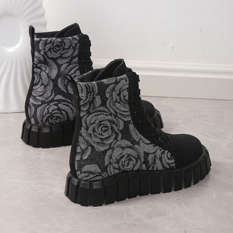 Botas de tobillo para mujer con patrón de rosas florales, zapatos de plataforma con punta redonda, botas casuales con cordones, botas cortas planas de invierno