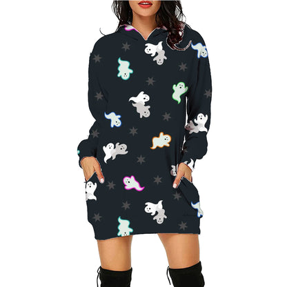 Halloween Print Long Hoodie With Pockets Sweater Long Sleeve Clothes Women - Here2Save