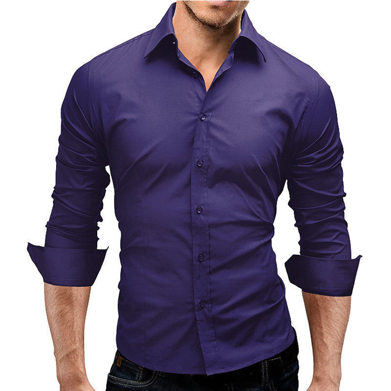 Camisa formal simple de color sólido de manga larga ajustada para hombre