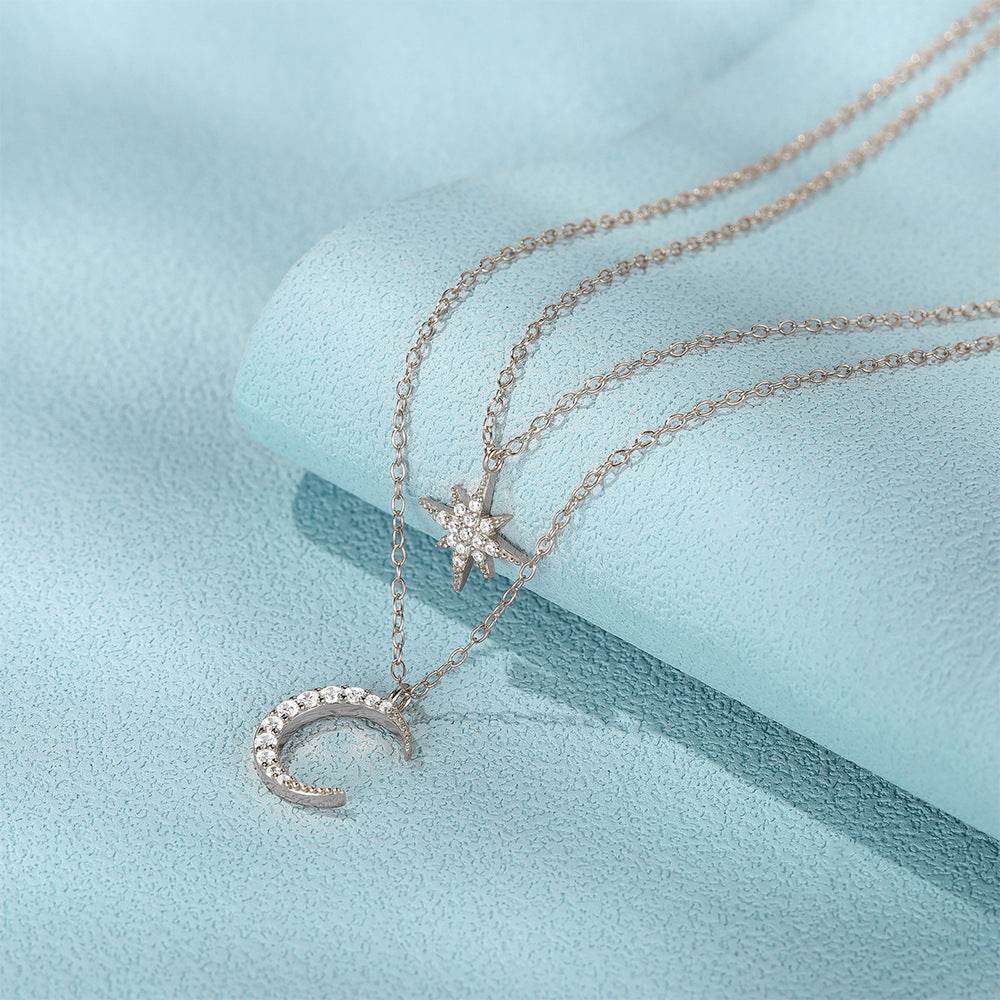 Women's S925 Sterling Silver Double Layer Twin Diamond Star And Moon Necklace - Here2Save