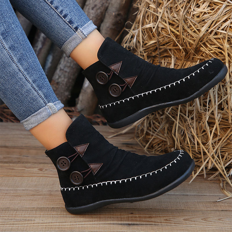 Button Design Ankle Boots For Women Autumn And Winter New Style Flat Boots With Stitching Fashion Solid Round Toe Short Shoes