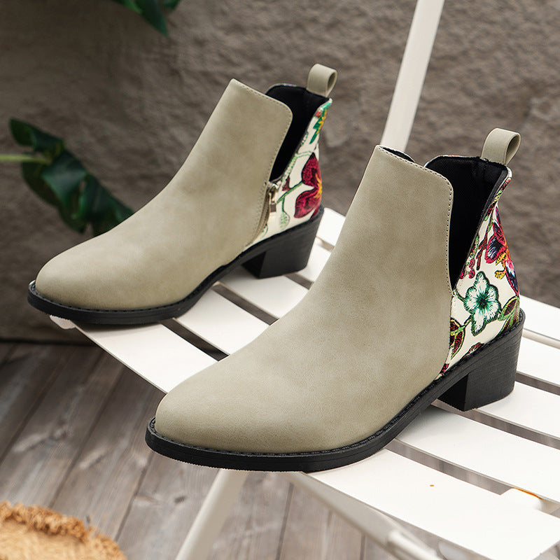 Botines con estampado de flores, zapatos de tacón cuadrado con corte en V y cremallera lateral a la moda para Otoño e Invierno, botas con punta puntiaguda para mujer