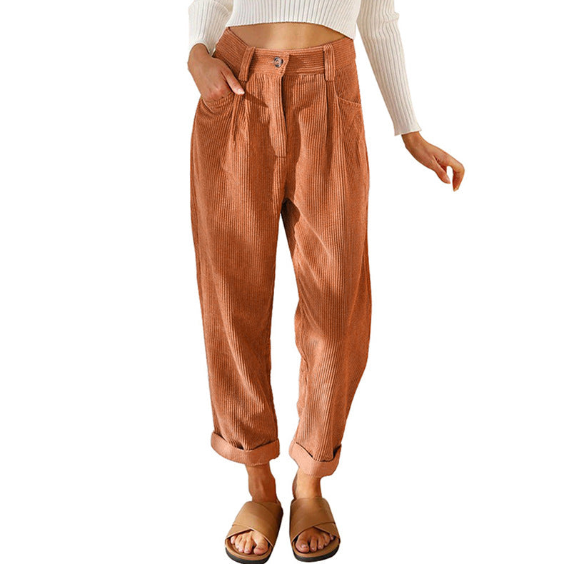 Women's High Waist Casual Pants Corduroy Loose Straight Trousers