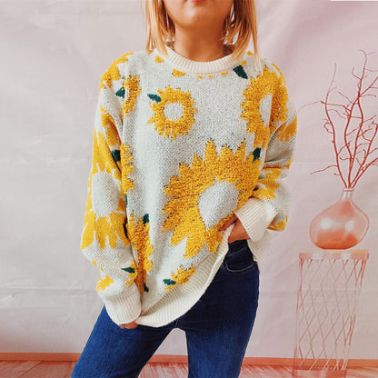 Women's Fashion Casual Sunflower Jacquard Round Neck Long Sleeve Sweater