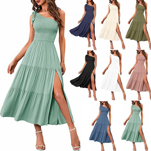 New Summer Fashion Women's One-shoulder Pleated Layered Hem Split Dress - Here2Save