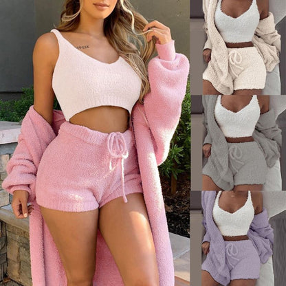 Winter Sexy Women Home Wear Suit Casual Pajamas Set Lady Female Soft Warm Long Sleeve Exposed Navel Vest Shorts Set