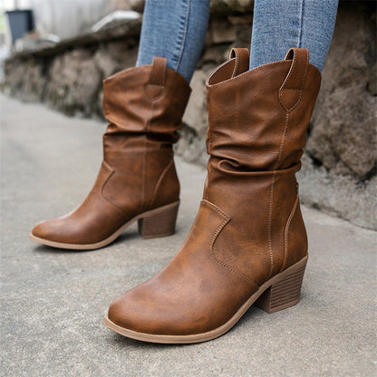 Botas de vaquero del oeste Vintage para mujer, zapatos de tacón cuadrado de cuero PU a media pantorrilla, botas de caballero para otoño e invierno