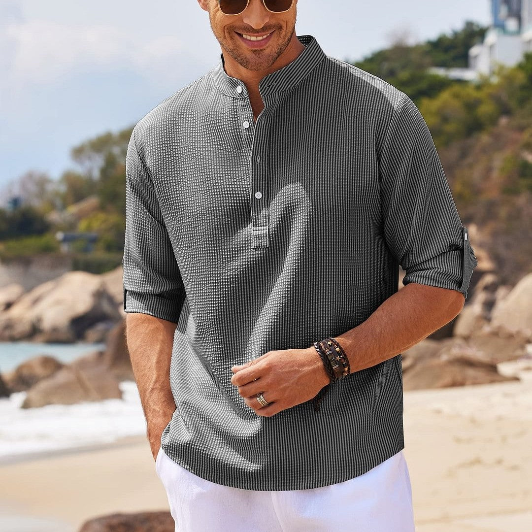 Camisa casual para hombre Camisa de color sólido con cuello alto de manga larga Ropa para hombre