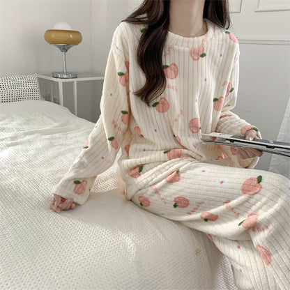 Women's Pajamas Autumn Winter Warm Pyjamas Sets Thick Coral Long Sleeve Cute Cartoon Bear Sleepwear Home Nightclothes