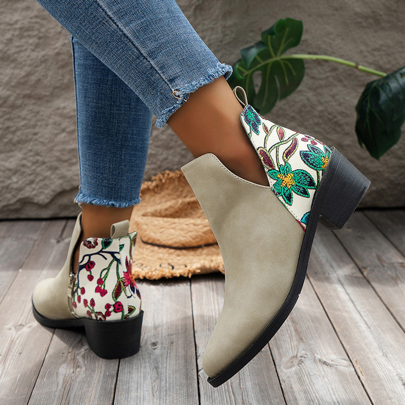 Botines con estampado de flores, zapatos de tacón cuadrado con corte en V y cremallera lateral a la moda para Otoño e Invierno, botas con punta puntiaguda para mujer