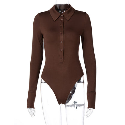 Women's Fashionable Temperament Polo Collar Half Button Slim-fit Long-sleeved Jumpsuit