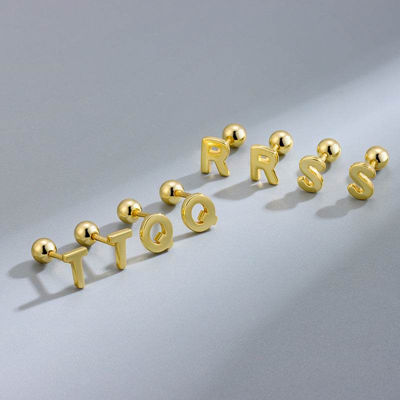 S925 Sterling Silver Glossy 26 Letters Screw Pin Ear Studs - Here2Save