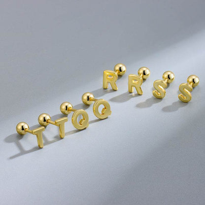 S925 Sterling Silver Glossy 26 Letters Screw Pin Ear Studs - Here2Save