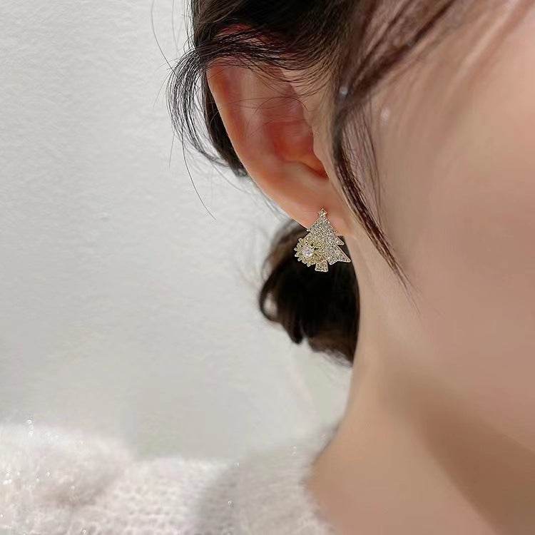 Rotatable Christmas Tree Earrings Shiny Rhinestone Snowflake Stud Earring New Year Xmas Festival Ear Jewelry Gifts Autumn And Winter - Here2Save