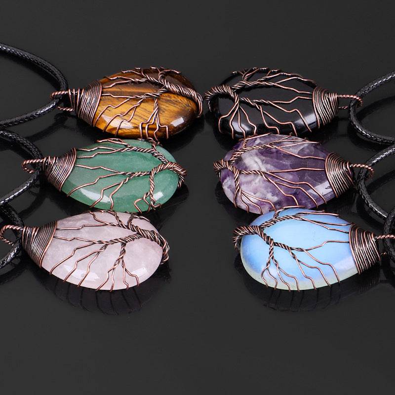Natural Stone Crystal Drop-shaped Winding Tree Of Life Pendant Necklace Jewelry - Here2Save