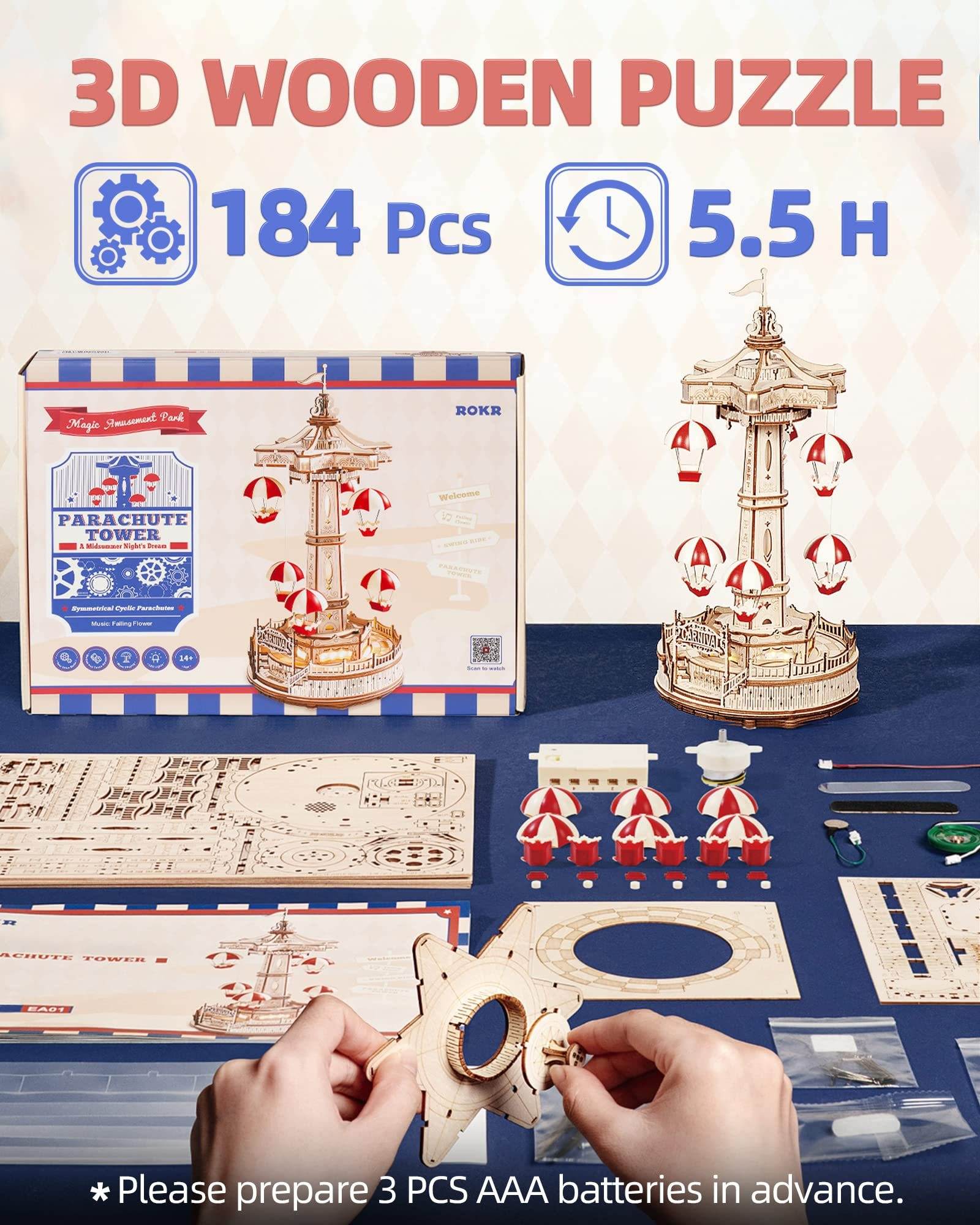 Robotime Rokr Parachute Tower DIY Music Box Building Block Amusement Park Series For Kids Adults Easy Assembly 3D Wooden Puzzle - Here2Save