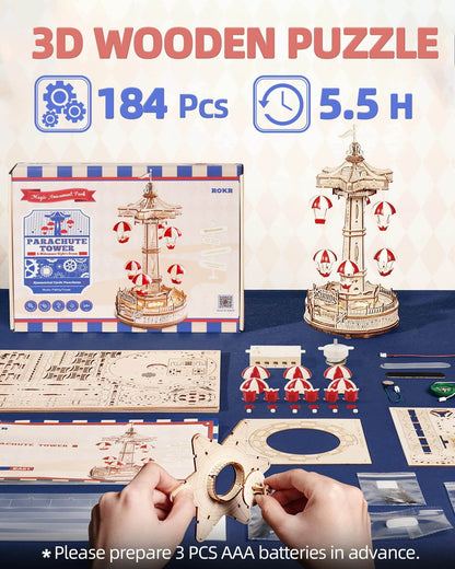 Robotime Rokr Parachute Tower DIY Music Box Building Block Amusement Park Series For Kids Adults Easy Assembly 3D Wooden Puzzle - Here2Save