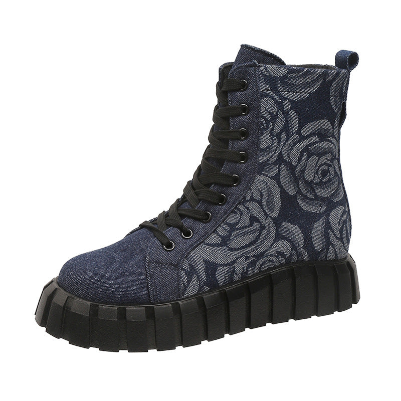 Botas de tobillo para mujer con patrón de rosas florales, zapatos de plataforma con punta redonda, botas casuales con cordones, botas cortas planas de invierno