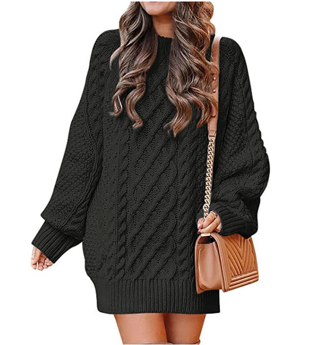 Women's Round Neck Long Sleeve Twisted Knitted Mid-length Dress Sweater