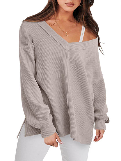 Fashion Lightweight V-neck Sweaters Women Winter Casual Long Sleeve Ribbed Knit Side Slit Pullover Top - Here2Save