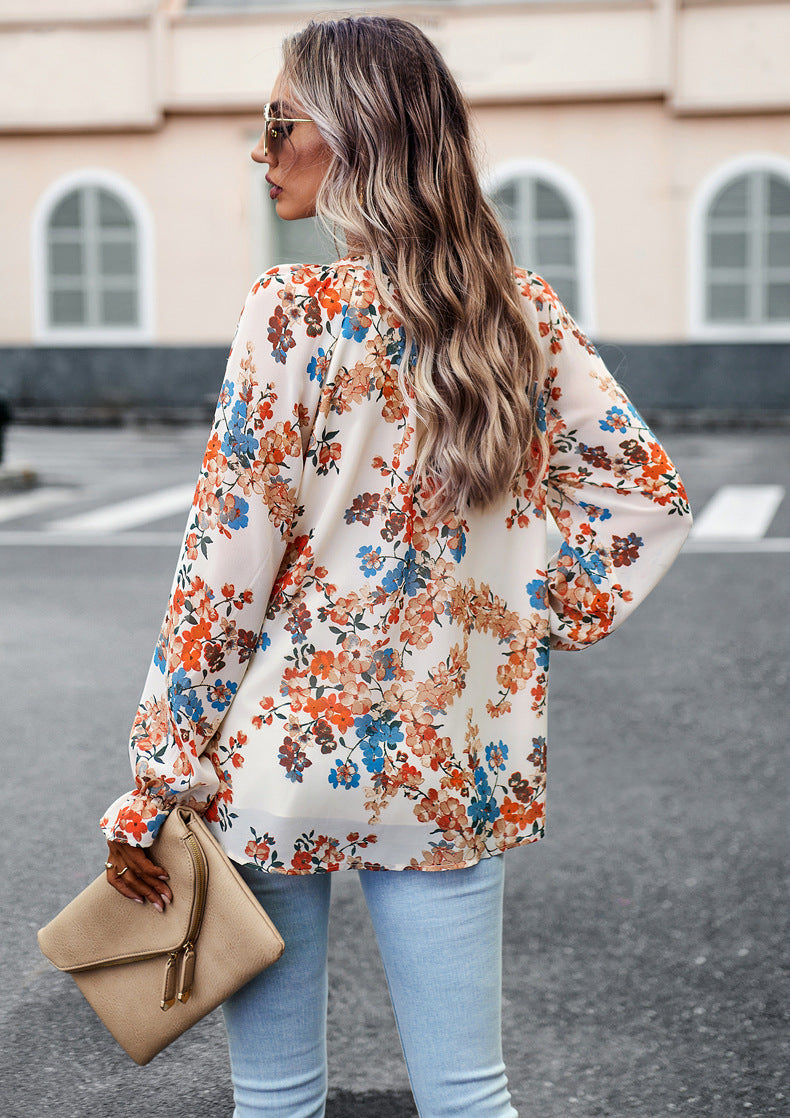 Women's Tops Casual Floral Print V Neck Long Sleeve Shirts Loose Chiffon Blouses Shirts Tops