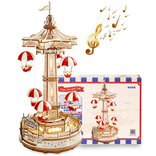 Robotime Rokr Parachute Tower DIY Music Box Building Block Amusement Park Series For Kids Adults Easy Assembly 3D Wooden Puzzle - Here2Save