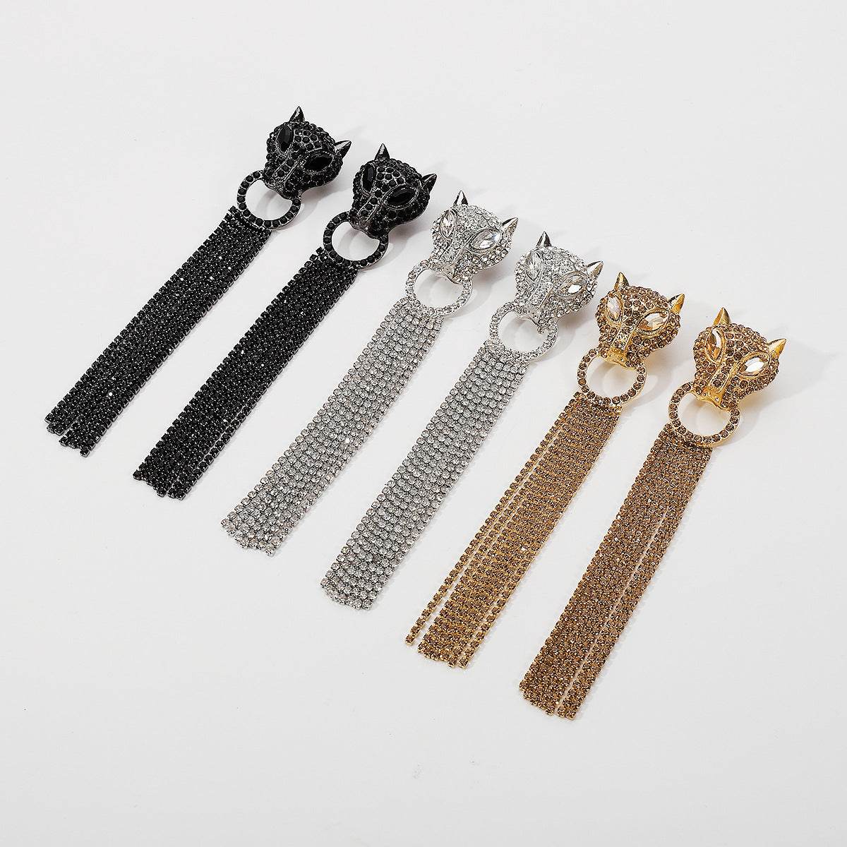Personalized Leopard Head Earrings With Tassel Rhinestones Trendy Fashion Jewelry Luxury Long Earrings For Women - Here2Save