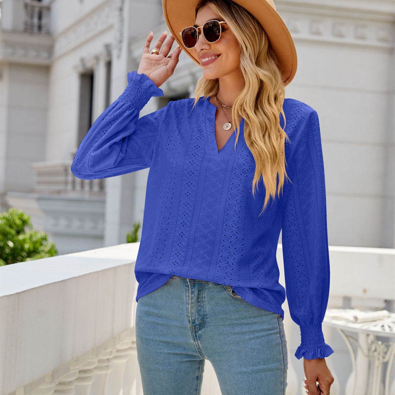 Solid Color Hollow-out Pleated Ruffle Shirts Sleeve V-neck Loose Long Sleeve Tops Women - Here2Save