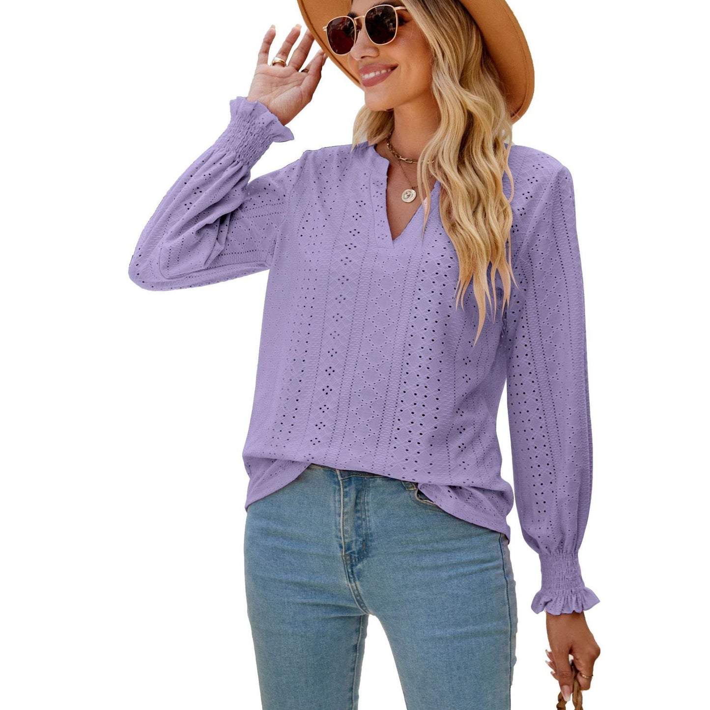 Solid Color Hollow-out Pleated Ruffle Shirts Sleeve V-neck Loose Long Sleeve Tops Women - Here2Save