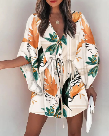 Women's V-Neck Tie Printed Beach Dress