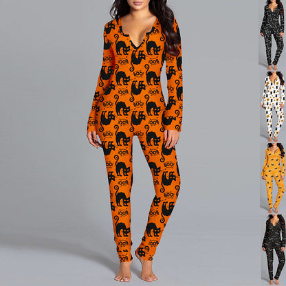 Mono estampado de Halloween, pijamas de manga larga para el hogar, pantalones casuales, ropa Cos para mujer