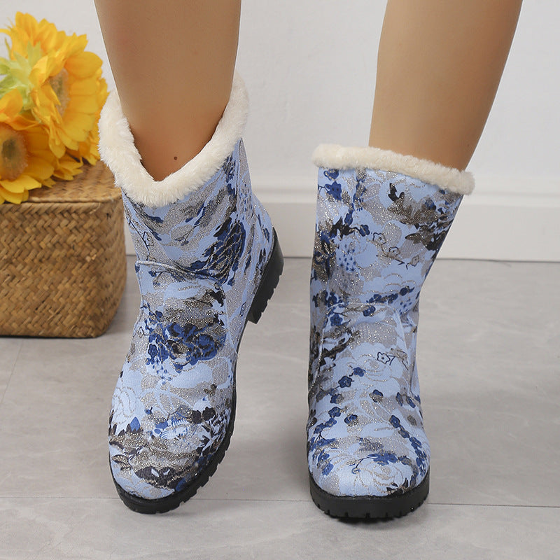 Botas de tobillo con estampado de flores de moda con zapatos de plataforma cálidos de invierno de felpa botas de tobillo de terciopelo ligeras para mujer