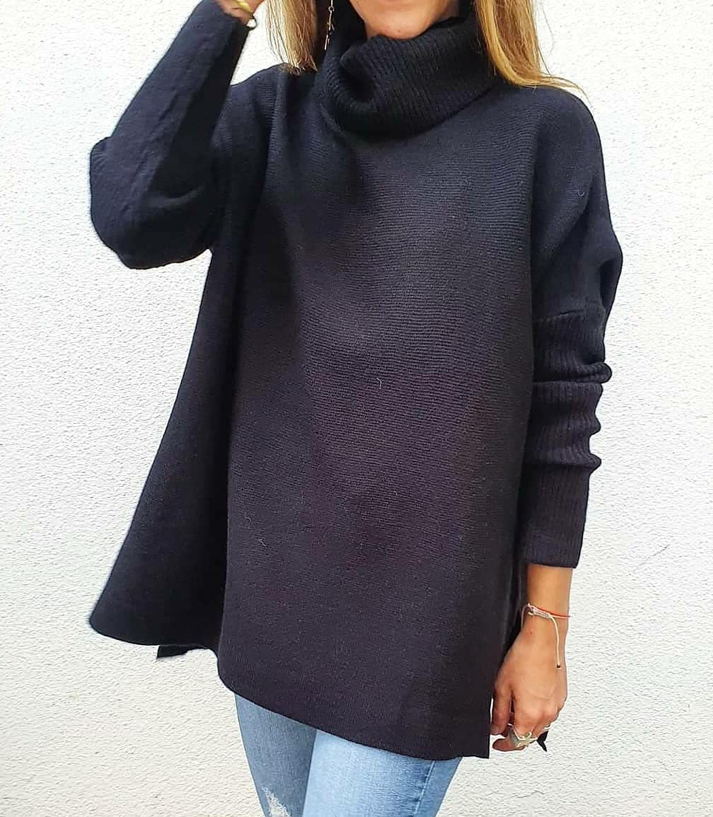 Suéter de cuello alto de longitud media manga de murciélago dobladillo con abertura túnica suéteres Tops de invierno ropa de mujer