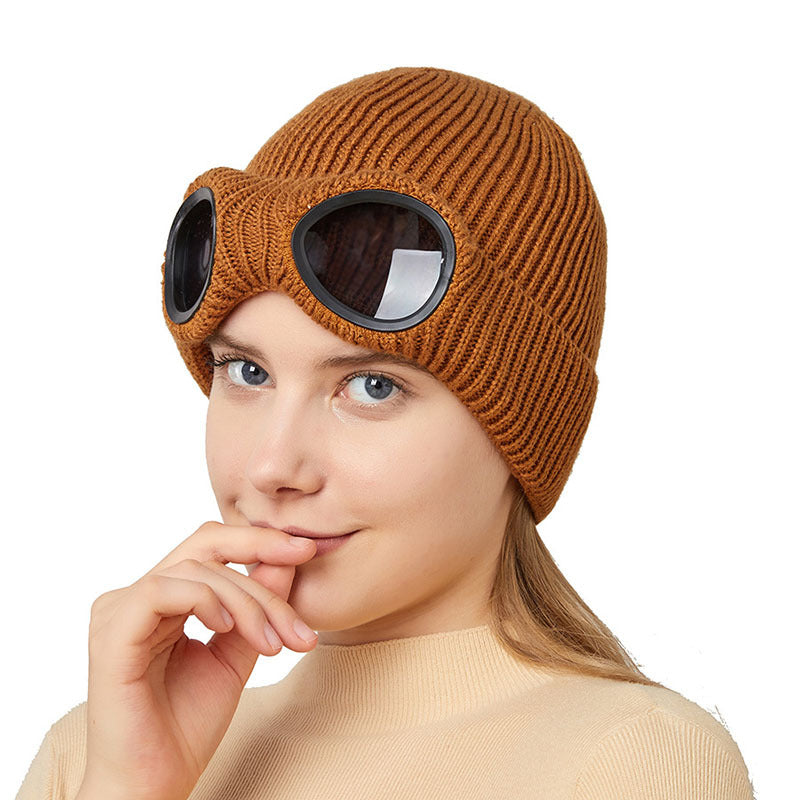 Warm Knitted Woolen Hats With Windproof Glasses Autumn And Winter For Men And Women Ear Protection Cap