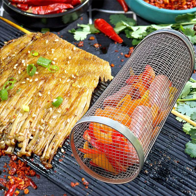Rolling Grilling Basket Metal BBQ Barbecue Basket Net Portable Outdoor Camping Barbecue Rack Kitchen Gadgets - Here2Save