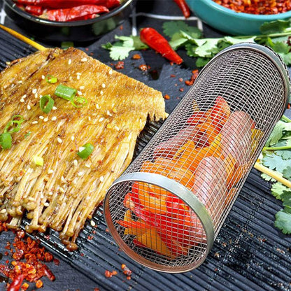 Rolling Grilling Basket Metal BBQ Barbecue Basket Net Portable Outdoor Camping Barbecue Rack Kitchen Gadgets - Here2Save