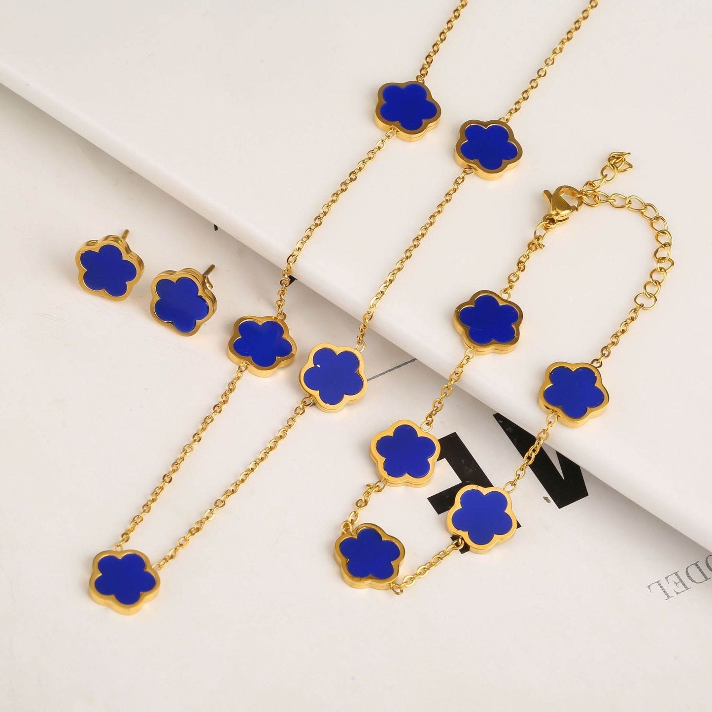 New Stainless Steel Plant Fritillary Five Leaf Petals Earring Bracelet Necklace Jewelry Set Women Cross-border Hot Selling Lot - Here2Save