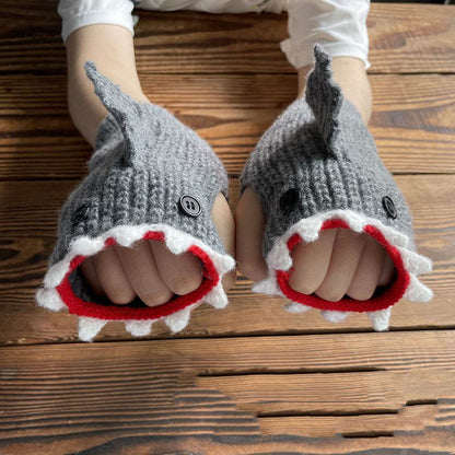 New Cartoon Grey Shark Warm Half Finger Knitted Gloves - Here2Save