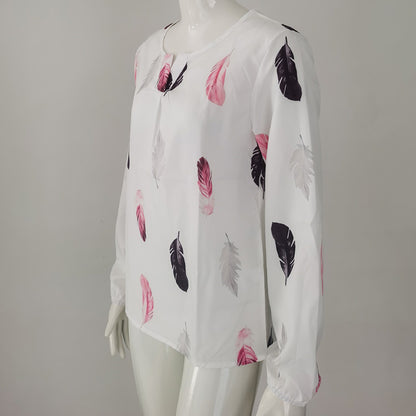 Polo con estampado de plumas Camisa de manga larga tipo farol Cuello vuelto Tops con botonadura Ropa