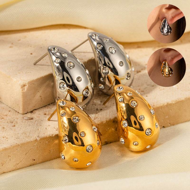 18K Gold-plated Stainless Steel Inlaid Zircon Chubby Stud Earrings INS - Here2Save