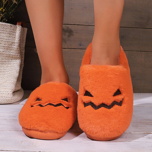 Lindas zapatillas de calabaza de Halloween, pantuflas cálidas de felpa para el hogar para el suelo del dormitorio, zapatos informales cómodos y acogedores para el interior de la casa