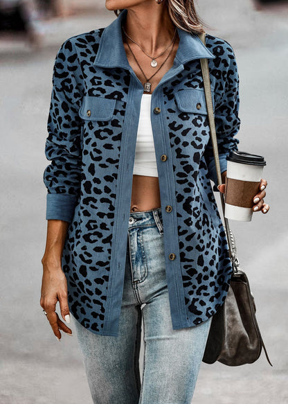 Abrigo camisero con estampado de leopardo Chaqueta de manga larga con botones a la moda para mujer